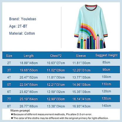 Youlebao Girls Cotton Long Sleeve Casual Cartoon Appliques Striped Jersey Dresses(2T, UGDS12)