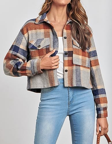 CFLONGE 2023 Casual Cropped Shacket Jackets Women Fashion Button Down Plaid Shirt for Women Long Sleeve Flannel Blouses Top(Dark Blue,Large)