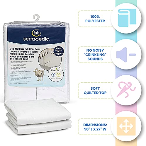 Serta Sertapedic Crib Mattress Liner Pads (Pack of 2) - 100% Waterproof with Nanotex Technology - Ideal for Potty Training - Washable (White)