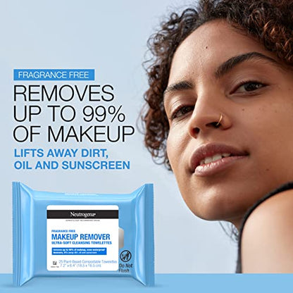 Neutrogena Fragrance-Free Makeup Remover Wipes, Daily Facial Cleanser Towelettes, Gently Removes Oil & Makeup, Alcohol-Free Makeup Wipes, 25 ct