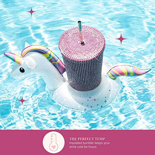 Paris Hilton Diamond Bling Water Tumbler With Lid And Straw, Vacuum Insulated Stainless Steel, Bedazzled With Over 3700 Rhinestones, 16.9-Ounce, Pink
