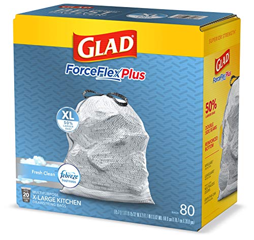 Glad ForceFlex MaxStrength X-Large Kitchen Drawstring Trash Bags, 20 Gallon, Fresh Clean Scent with Febreze Freshness, 80 Count