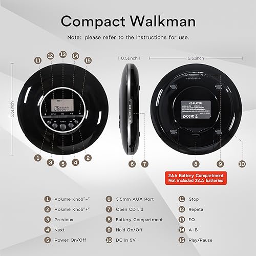 CD Player Portable,Compact CD Walkman Player with Headphones,Small Personal CD Players for Home/Travel with Non-Slip and Shockproof,Classic Discman Music Player Gift for Kids/Seniors-Black