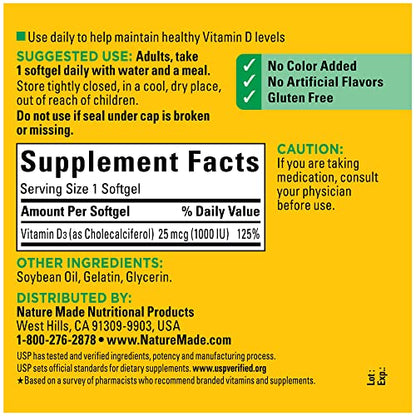 Nature Made Vitamin D3 1000 IU (25 mcg), Dietary Supplement for Bone, Teeth, Muscle and Immune Health Support, 300 Softgels, 300 Day Supply