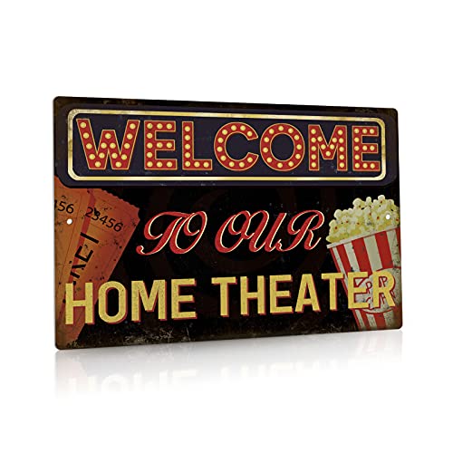 Putuo Decor Movie Theater Sign, Vintage Wall Decor for Bar, Cafes Pubs, Media Room, 12x8 Inches Aluminum Metal Sign (Welcome to Our Home Theater)