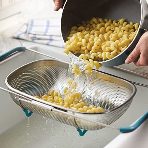 Rachael Ray Tools and Gadgets Over-The-Sink Colander/Strainer, 4.5 Quart, Stainless Steel with Agave Blue Handles