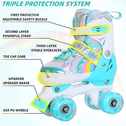 Nattork Roller Skates with Light Up Wheels for Girls, 4 Size Adjustable Quad Skates for Toddler Beginner Kids Outdoor Indoor Rollerskate Sports Ages 3-8 Teal