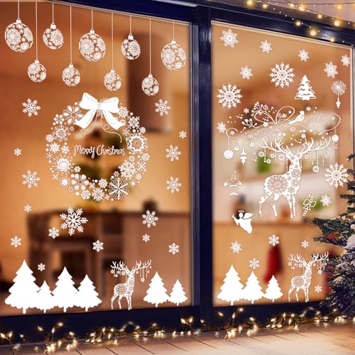 Super Huge Christmas Window Clings Static Snowflake Christmas Decorations, Reindeer Xmas Decor Winter Wonderland Decorations Window Stickers Decals for Indoor Christmas Decoration Party (4 Sheets)