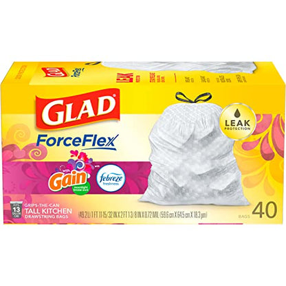 Glad Tall Kitchen Quick-Tie Trash Bags, OdorShield 13 Gallon White Trash Bag, Gain Moonlight Breeze with Febreze Freshness