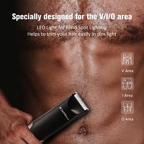 SoftKare Groin Hair Trimmer for Men - Safe Ball Shaver, Replaceable Ceramic Blade Heads & Charging Base, Electric Body Groomer with Light & Power Display, Waterproof Wet/Dry Use Male Razor