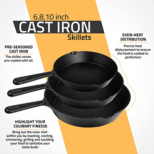 Utopia Kitchen - Saute fry pan - Pre-Seasoned Cast Iron Skillet Set 3-Piece - Nonstick Frying Pan 6 Inch, 8 Inch and 10 Inch Cast Iron Set (Black)