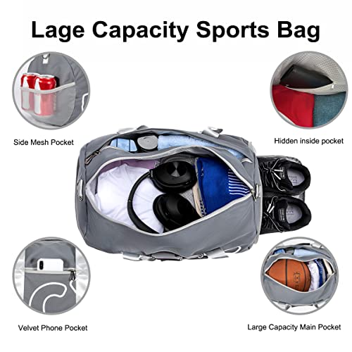 KCY Sports Gym Bag with Wet Pocket & Shoes Compartment for Women & Men, Small Sports Duffel Bag for Yoga Baseball Camping Travel, Waterproof, Lightweight, Grey