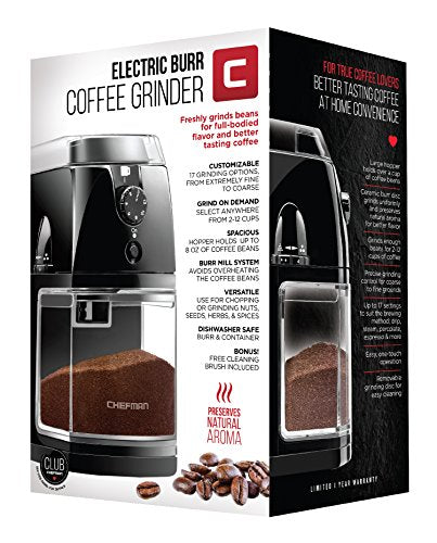 Chefman Coffee Grinder Electric Burr Mill - Freshly Grinds Up to 2.8oz Beans, Large Hopper with 17 Grinding Options for 2-12 Cups, Easy One Touch Operation, Cleaning Brush Included, Black