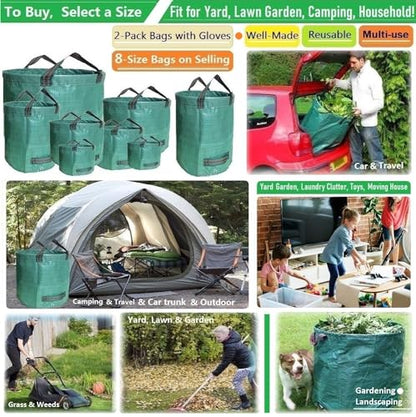 Standard 2-Pack 16 Gallon Home Yard Garden Bags (D18, H15 inch) with Garden Gloves, Camping Waste Bags,Recycling Bag,Campsite Trash Bags,Laundry Bag,Yard Waste Bags,Lawn Debris Bag,Leaf Bags 4 handles