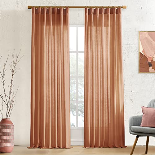 XTMYI Terracotta Rust Colored Sheer Curtain Panels for Bedroom,Fall Cozy Rustic Western Home Decor,Back Tab Hooks Pleated Linen Boho Burnt Orange Curtains for Living Room 2 Panels,84 Inches Long