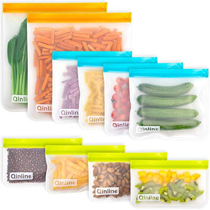 Qinline Reusable Food Storage Bags - 10 Pack BPA FREE Freezer Bags(2 Reusable Gallon Bags + 4 Reusable Sandwich Bags + 4 Food Grade Snack Bags) EXTRA THICK Leakproof Reusbale Lunch Bag for Salad Fruit