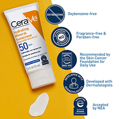 CeraVe 100% Mineral Sunscreen SPF 50 | Face Sunscreen with Zinc Oxide & Titanium Dioxide for Sensitive Skin | With Hyaluronic Acid, Niacinamide, and Ceramides | 2.5 oz