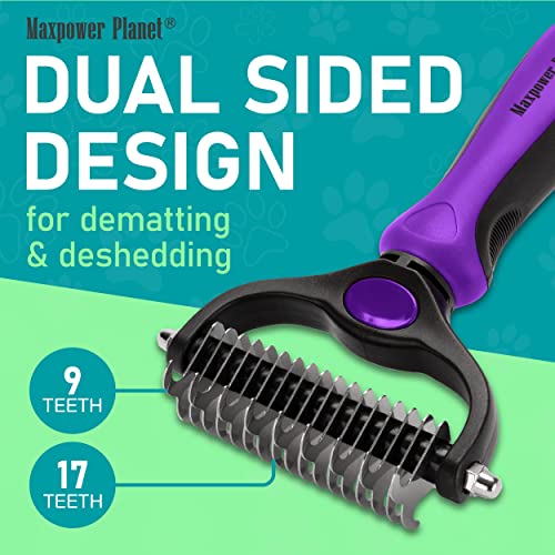 Maxpower Planet Pet Grooming Brush - Double Sided Shedding and Dematting Undercoat Rake for Dogs, Cats - Extra Wide Dog Grooming Brush, Dog Brush for Shedding, Cat Brush, Dog Brush, Pet Comb, Purple