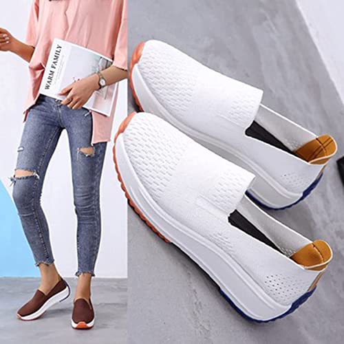 Women's Orthopedic Slip-On Walking Shoes, Comfort Loafers Wide Fit Knit Breathable Mesh Non-Slip Platform Flat Boat Shoes, Lightweight Soft Casual Sneakers (White,9)