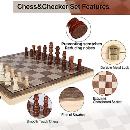 Demiwise 15" Wooden Chess Sets,Chess & Checkers Set with 2 Extra Queens,Foldable Wooden Chess Set Board for Adults and Kids,Handmade Portable Chess Board Game for Familly Travelling