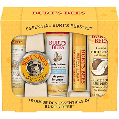 Burt's Bees Back to School Gifts Ideas, 5 Dorm Room Products for College Students, Everyday Essentials Set - Original Beeswax Lip Balm, Deep Cleansing Cream, Hand Salve, Body Lotion & Foot Cream