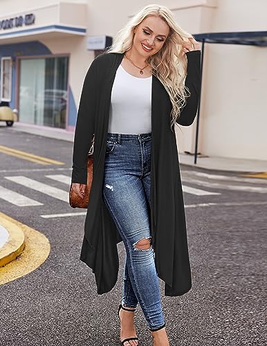 Women's Plus Size Long Sleeve Waterfall Asymmetric Drape Open Long Maxi Cardigan (Black, XXXL)