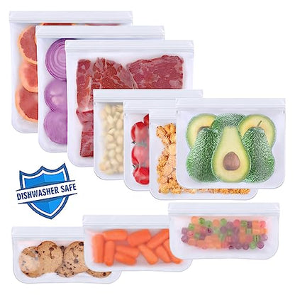 10 Pack Dishwasher Safe Reusable Bags Silicone, Leakproof Reusable Freezer Bags, BPA Free Reusable Storage Bags for Lunch Marinate Food Travel (White) - 3 Gallon 4 Sandwich 3 Snack Bags