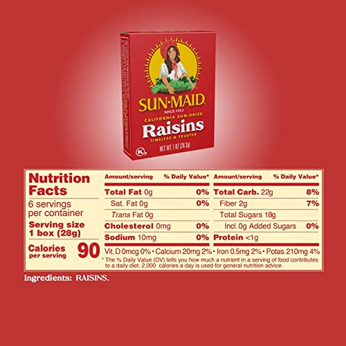 Sun-Maid California Sun-Dried Raisins - (6 Pack) 1 oz Snack-Size Box - Dried Fruit Snack for Lunches, Snacks, and Natural Sweeteners