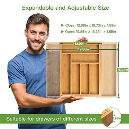 Pipishell Bamboo Expandable Drawer Organizer for Utensils Holder, Adjustable Cutlery Tray, Wood Drawer Dividers Organizer for Silverware, Flatware, Knives in Kitchen, Bedroom, Living Room