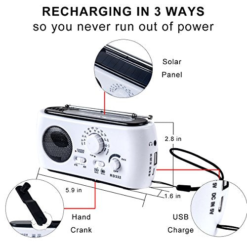 Emergency Radio with Solar and Crank Charger, 3 LED Flashlight Battery and USB Recharging FM/AM Radio 500mAh Power Bank Mobile Phone Charger for Recreational Camping Hiking Survival (White)