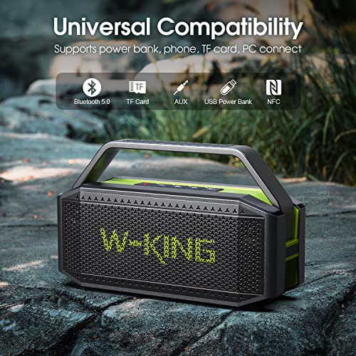 W-KING Portable Loud Bluetooth Speakers with Subwoofer, 60W(80W Peak) Outdoor Speakers Bluetooth Wireless Waterproof Speaker, Deep Bass/V5.0/40H Play/Power Bank/TF Card/AUX/EQ, Large for Party (Green)