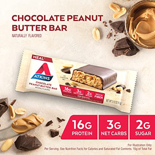 Atkins Chocolate Peanut Butter Protein Meal Bar, High Fiber, 16g Protein, 2g Sugar, 3g Net Carb, Meal Replacement, Keto Friendly, 12 Count