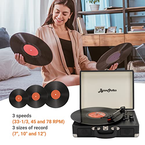 Bluetooth 3-Speed Record Player, ByronStatics Smart Portable Wireless Vinyl Turntable Built in Stereo Speakers Suitcase Record Player with Extra Stylus, RCA Line out Aux in - Black