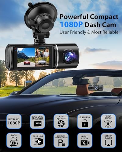 SUVCON Dash Cam, 3 Channel Dash Cam, 1080P Dash Cam Front and Inside, Triple Dash Cam, Dash Camera with 32GB Card, HDR, G-Sensor, 24Hr Parking, Loop Recording