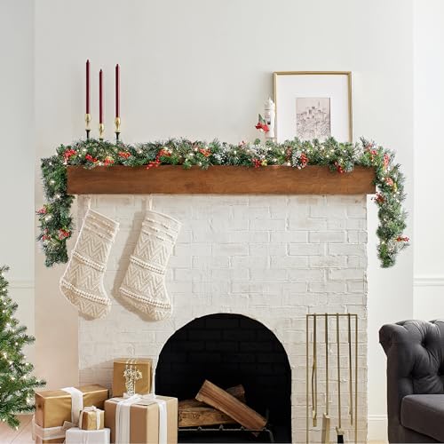 National Tree Company Pre-Lit Artificial Christmas Garland, Green, Wintry Pine, White Lights, Decorated with Pine Cones, Berry Clusters, Plug In, Christmas Collection, 9 Feet