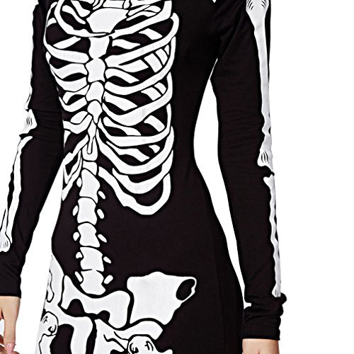 RieKet Women's Halloween Costume Skeleton Dress Long Sleeves Stretchy Short Mini Dress (L, Black)