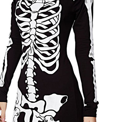 RieKet Women's Halloween Costume Skeleton Dress Long Sleeves Stretchy Short Mini Dress (L, Black)