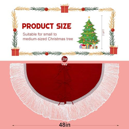 OurWarm Christmas Tree Skirt 48 inches Knitted Xmas Tree Skirt with White Tassels, Knit Red Tree Skirt for Christmas Tree Indoor Holiday Party Christmas Decorations