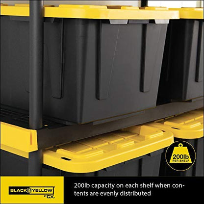 CX Black & Yellow®, 4-Tier Heavy Duty Plastic Storage Shelving Unit, 200lbs/shelf (55”H x 48”W x 20”D), for Indoor/Outdoor Organization, Modular Rack