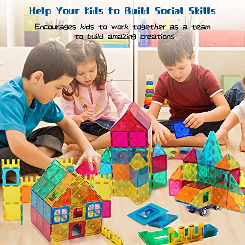 AFUNX 130 PCS Magnetic Tiles Building Blocks 3D Clear Construction Playboards, Inspiration , Creativity Beyond Imagination, Educational Magnet Toy Set for Kids with 2 Cars