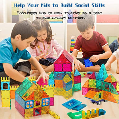 AFUNX 130 PCS Magnetic Tiles Building Blocks 3D Clear Construction Playboards, Inspiration , Creativity Beyond Imagination, Educational Magnet Toy Set for Kids with 2 Cars