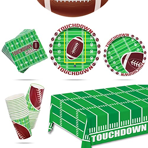 Football Decoration Party Supplies Kit Serve 25, Includes Dinner Plates, Dessert Plates, Napkins, Cups,and Football Tablecloth Perfect for Football Birthday Party Football Gameday Tailgate Party