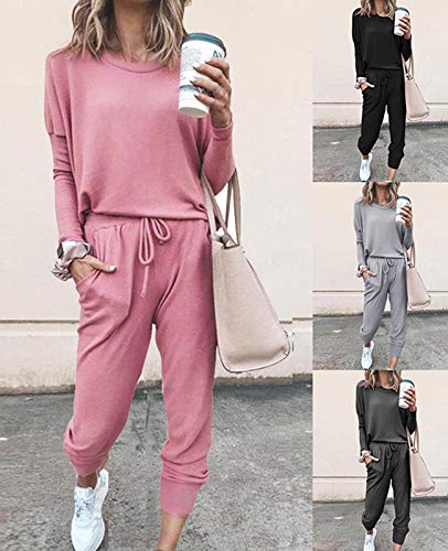 Fixmatti Womens 2 Piece Outfit Sweatsuit Cotton T-Shirt Long Pant Sport Set Pink L