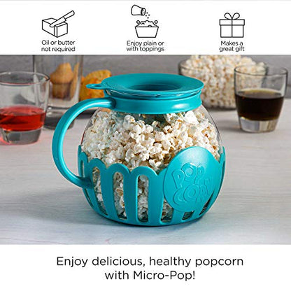 Ecolution Patented Micro-Pop Microwave Popcorn Popper with Temperature Safe Glass, 3-in-1 Lid Measures Kernels and Melts Butter, Made Without BPA, Dishwasher Safe, 3-Quart, Teal