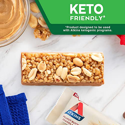 Atkins Peanut Butter Granola Protein Meal Bar, High Fiber, 16g Protein, 1g Sugar, 4g Net Carb, Meal Replacement, Keto Friendly, 12 Count