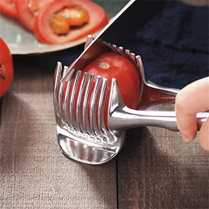 InfantLY Bright Kitchen Gadgets Handy Stainless Steel Onion Holder Potato Tomato Slicer Vegetable Fruit Cutter Safety Cooking Tools Accessories