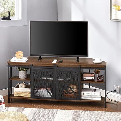 HOMISSUE Corner TV Stand for TVs Up to 60 Inch, TV Console Table with Storage Cabinets, Modern Corner TV Stand with Power Outlet, Industrial TV Stand with Sliding Door for Living Room, Bedroom, Brown