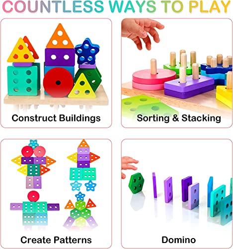 HELLOWOOD Wooden Sorting & Stacking Toys, Montessori Toys for 1 2 3 Years Old Toddlers, Shape Sorter Puzzles with 24-Piece Large Geometric Blocks & 12 Word Cards, Gift for 12+ Months Baby Boys Girls