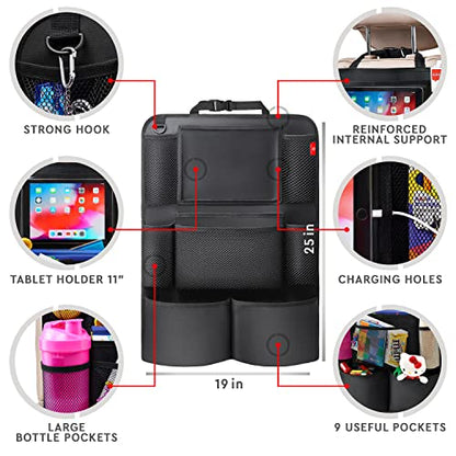 Helteko Backseat Car Organizer, Kick Mats Back Seat Protector with Touch Screen Tablet Holder, Car Back Seat Organizer for Kids, Car Travel Accessories, Kick Mat with 9 Storage Pockets 2 Pack, Black