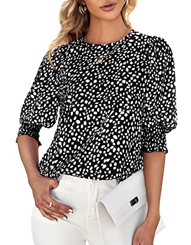 Teurkia Women's Casual Boho Floral Print Shirts Crew Neck 3/4 Sleeve Tops Loose Blouses